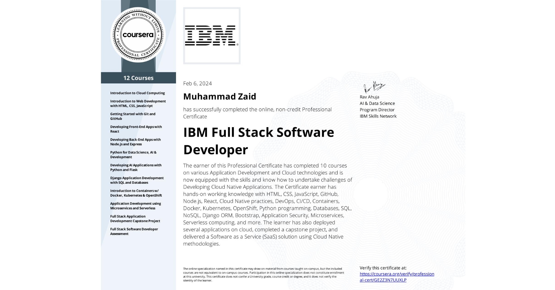 IBM Full Stack Developer Specialization